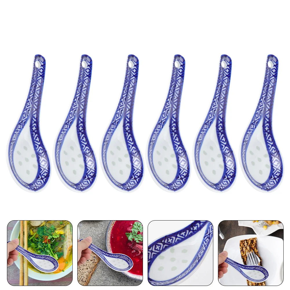 

6Pcs Blue and White Porcelain Soup Spoons Ceramic Chinese Style Multi-Function Ladle Spoons for Home Party Kitchen Tableware