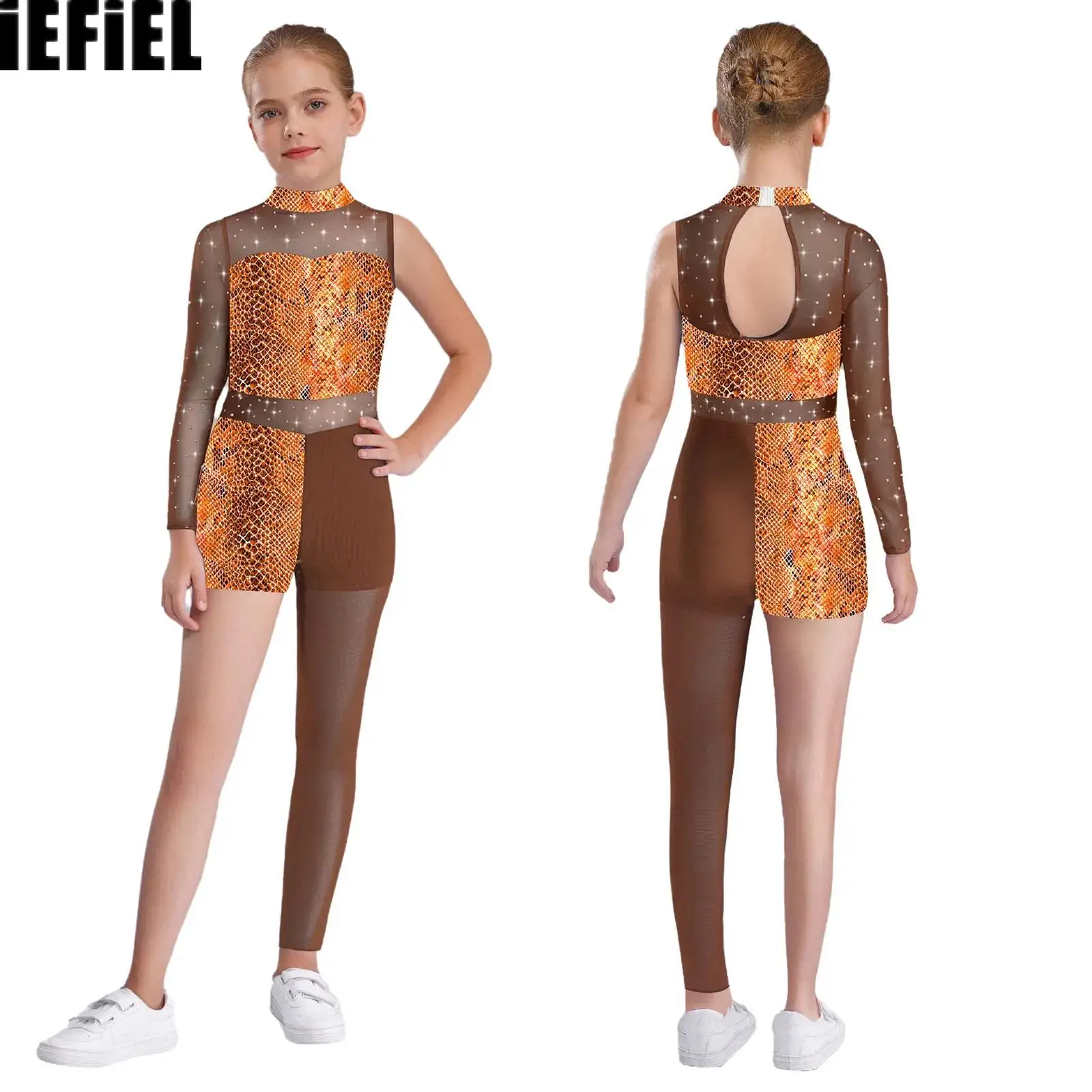 

Kids Girls Printed Gymnastics Leotard Shiny Rhinestones Sheer Mesh Patchwork Asymmetrical Bodysuit