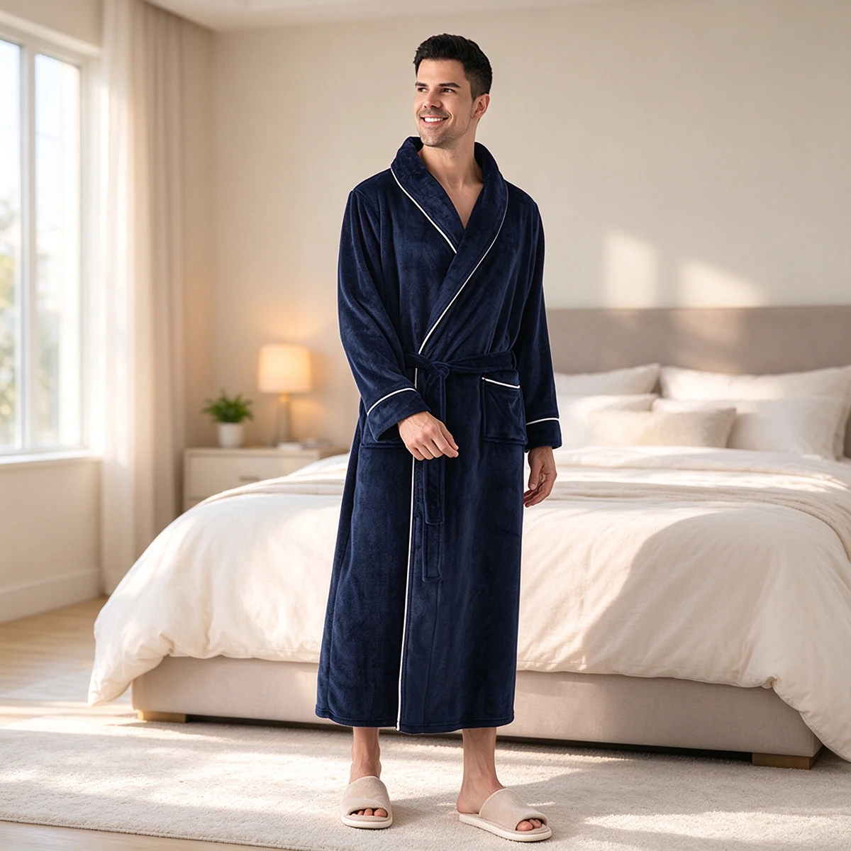 Paar-Bademantel für Damen und Herren, Flanell-Fleece-Morgenmantel, dicker, warmer Plüschmantel mit Schalkragen und Gürtel, Winter-Schlafanzug, Loungewear – Detail 19