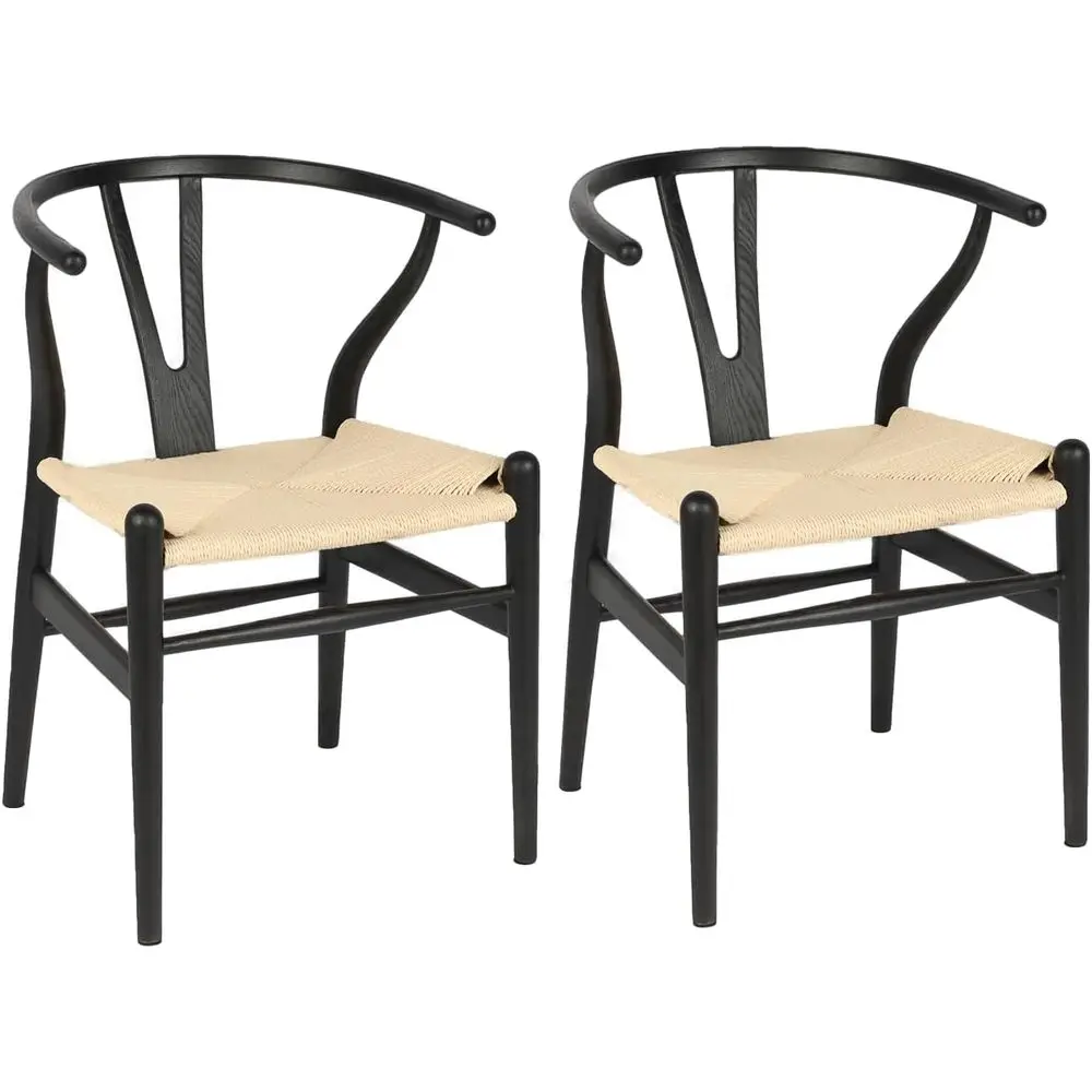 

Комплект из 2 обеденных стульев из массива дерева/стульев Hans Wegner Y-образной формы с акцентными подлокотниками из ротанга и дерева (ясень - черный + натуральный шпагат, 2 шт.)