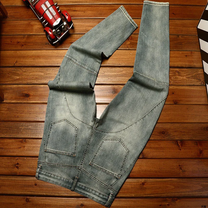 Washed-out vintage motorcycle jeans men's stretch skinny fashion street fashion slim fit skinny casual long pants