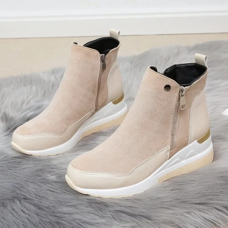 Botas femininas da moda inverno alta superior sapatos de plataforma cunha lado zíper estilo inverno pelúcia quente botas exteriores