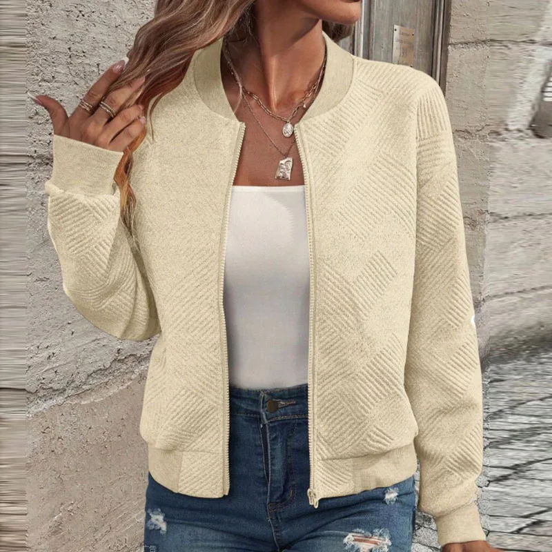 Autumn Winter Simple Solid Color Casual Jackets Female Fashion Stand Collar Zipper Long Sleeves Cardigans Commute Elegant Coats