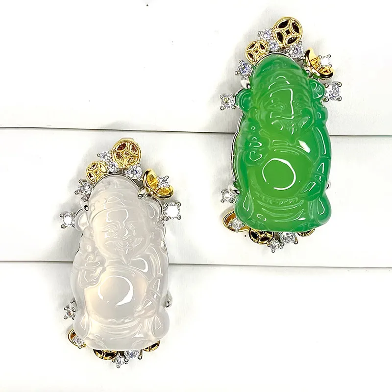 Ice Chalcedony Pendant Men Women Jade Color God of Wealth Hanging Charm Green Agate Necklace Jewelry