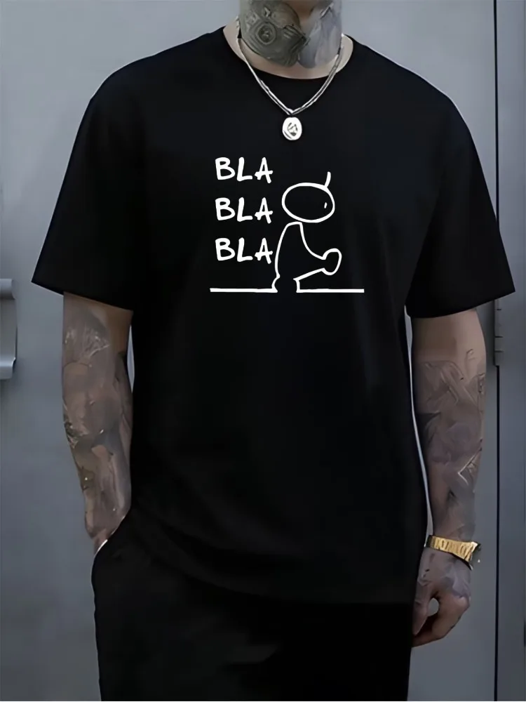 Men Summer Short Sleeve T Shirt Bla Bla Bla Stick Figure Graphic Tee Crew Neck Casual Daily Streetwear Mens Fashion Top