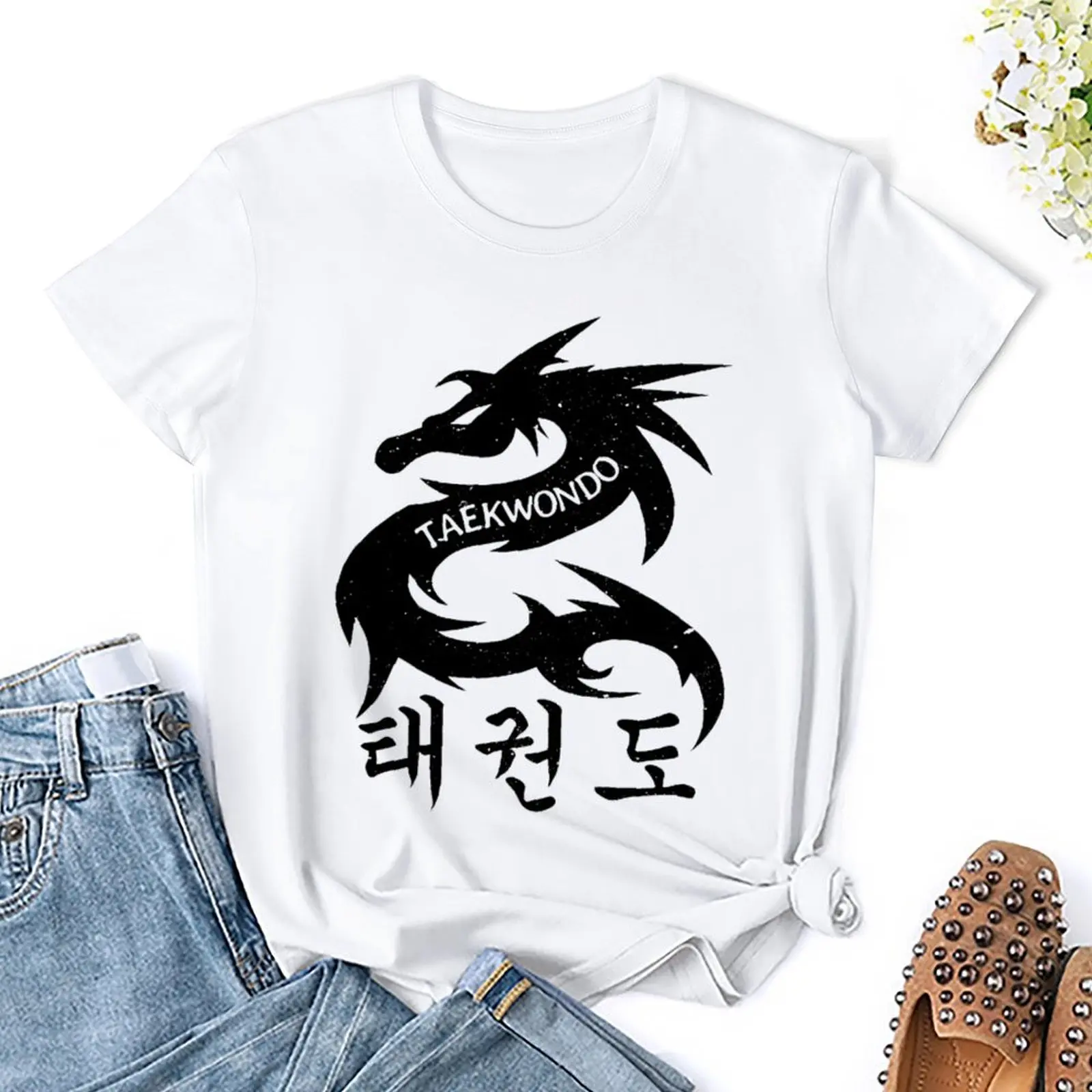 Martial Arts Dragon With Korean Symbols Distressed Fresh T-shirt Movement T-shirts Graphic Funny Home