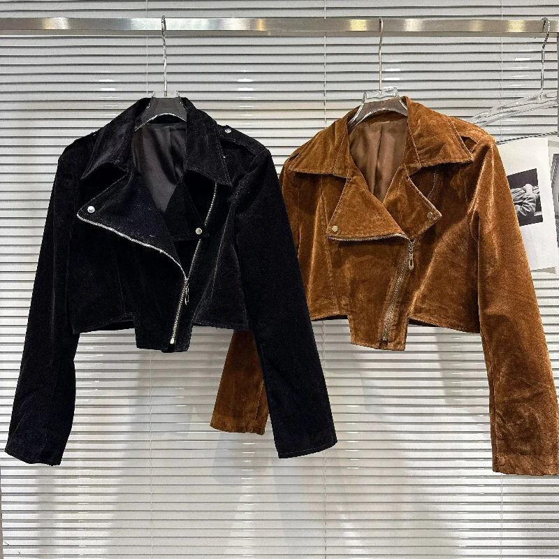 Hot Girl Lapel Zipper Thin Velvet Women's Jacket 2026 Autumn Sweet Cool Y2k Versatile Solid Color Long-sleeved Short Coat Ladies