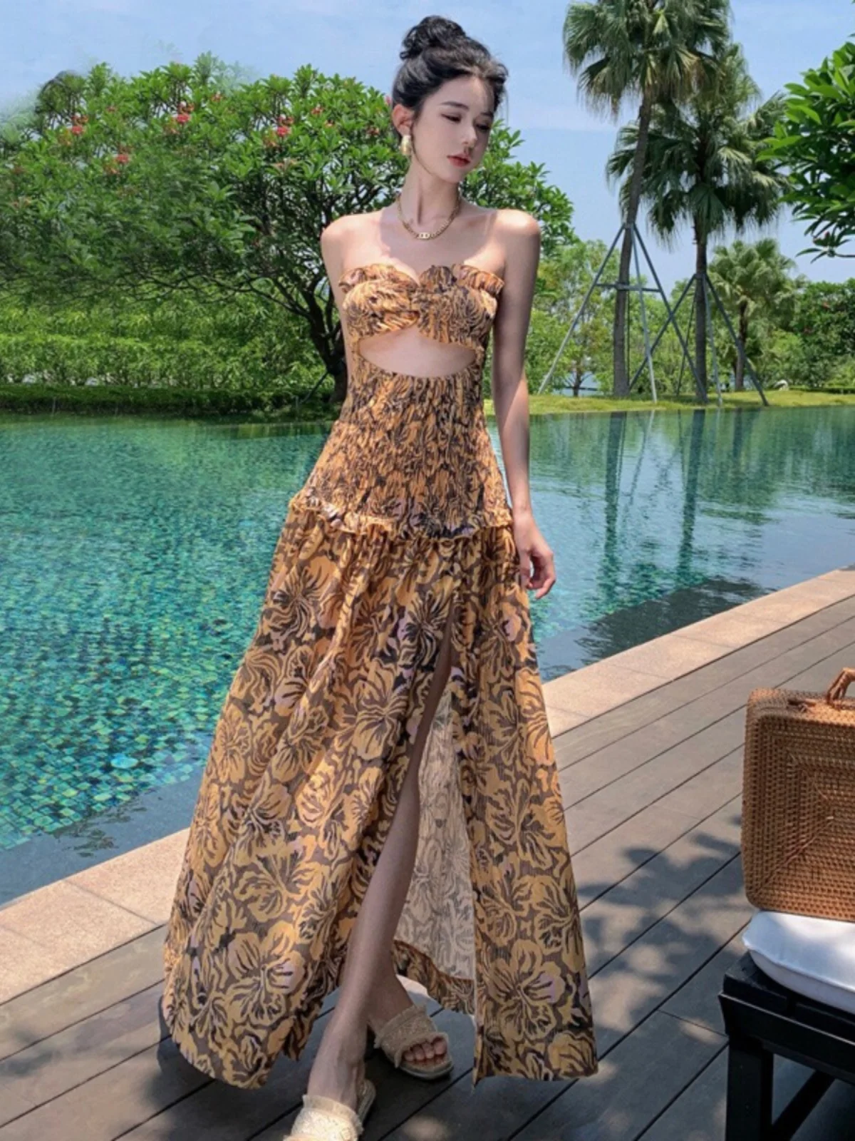 

Beach Vaion White Dr Women's Spring Summer Tea Break Printed Long Skirt Korean Sle Polyester Fiber Five Sve Length