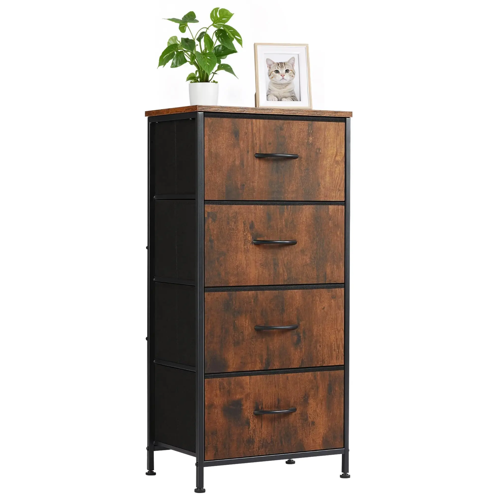 

Tall Narrow 4-Drawer Storage Cabinet With Wood Top And Metal Frame For Bedroom Dorm Living Room