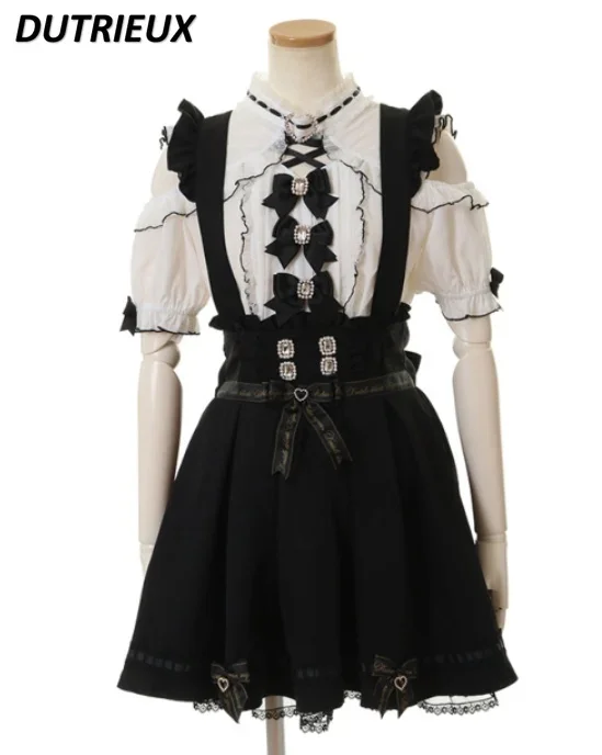 Japanese Mine Mass-Produced Lace High Waist Skirt Bow Ruffled Cross Strap Cute Sweet Skirts Fashion Lolita girls Suspender Skirt