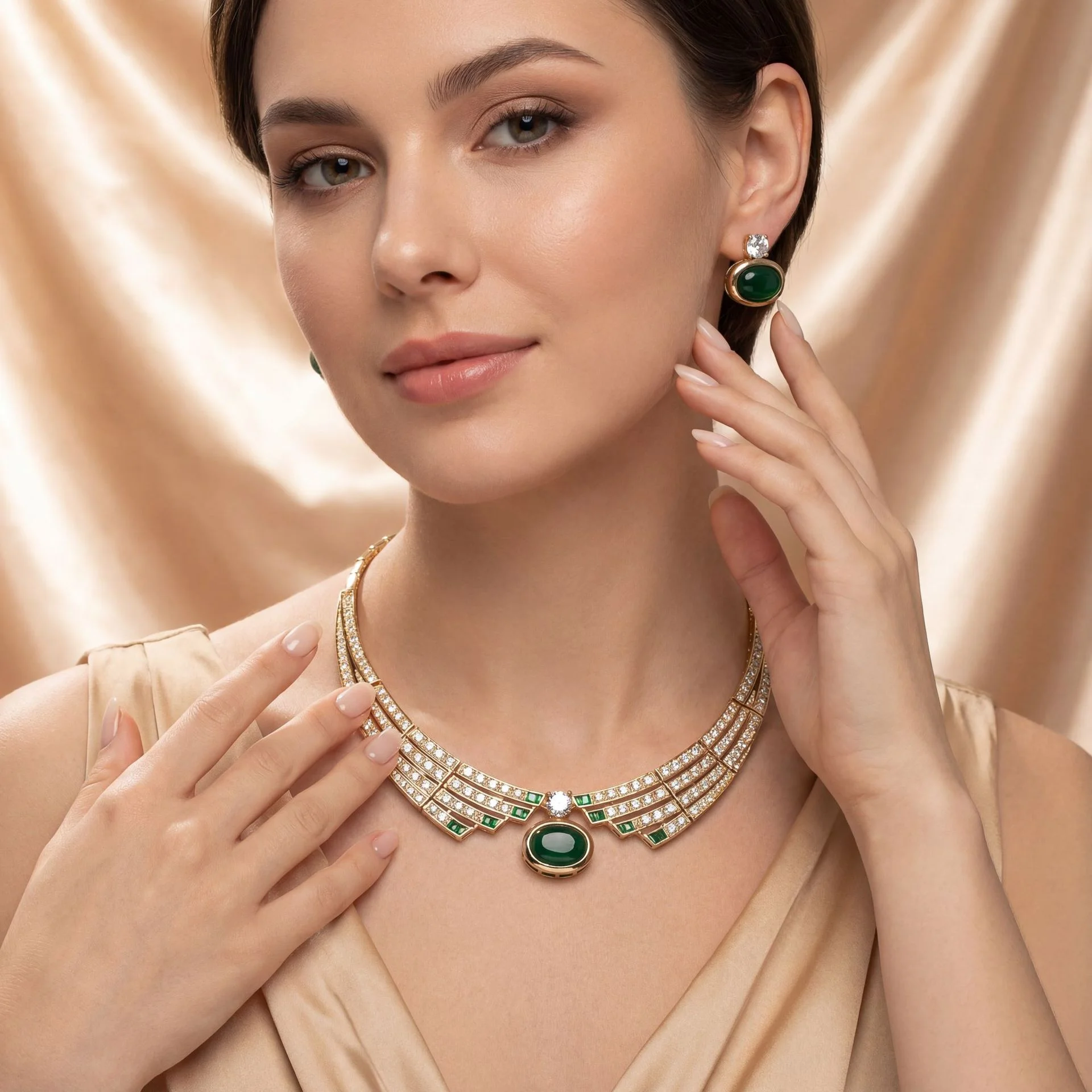 

Hot Sale Real Gold Plated Emerald Cabochon Necklace Earrings Set Wealth Design Elegant Women Fashion Jewelry Accessories