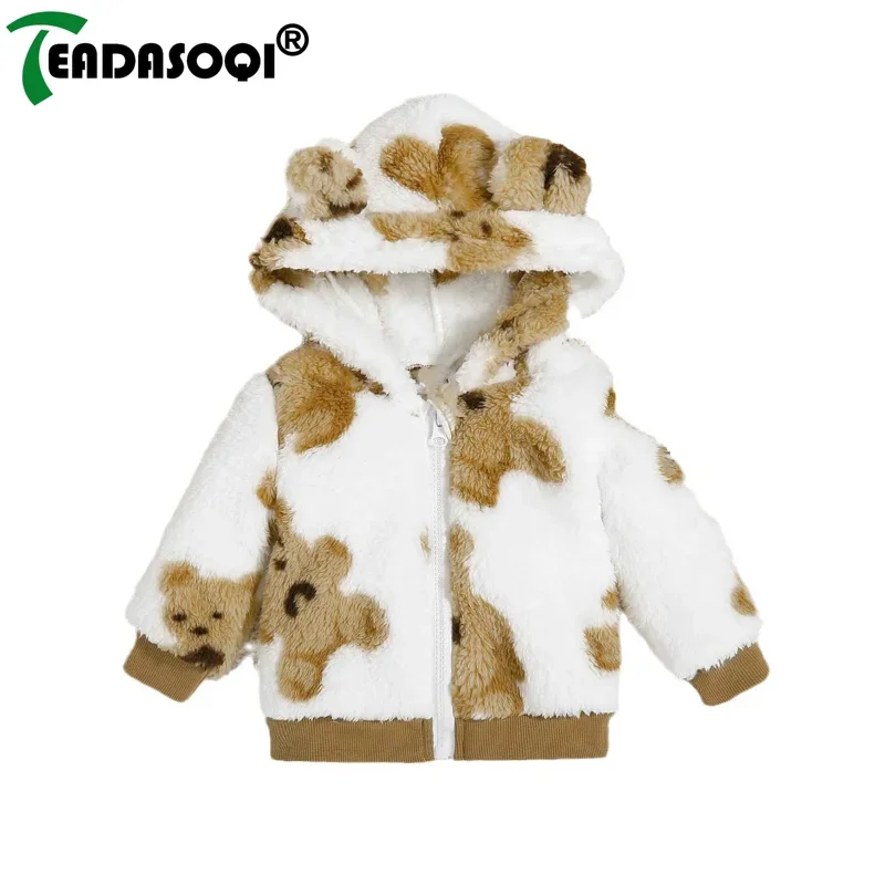 3M-2Y Autumn Winter Baby Boys Girls Coat Plus Velvet Thick Cartoon Kids Jacket Bear Zipper Hooded Warm Toddler Children Clothes