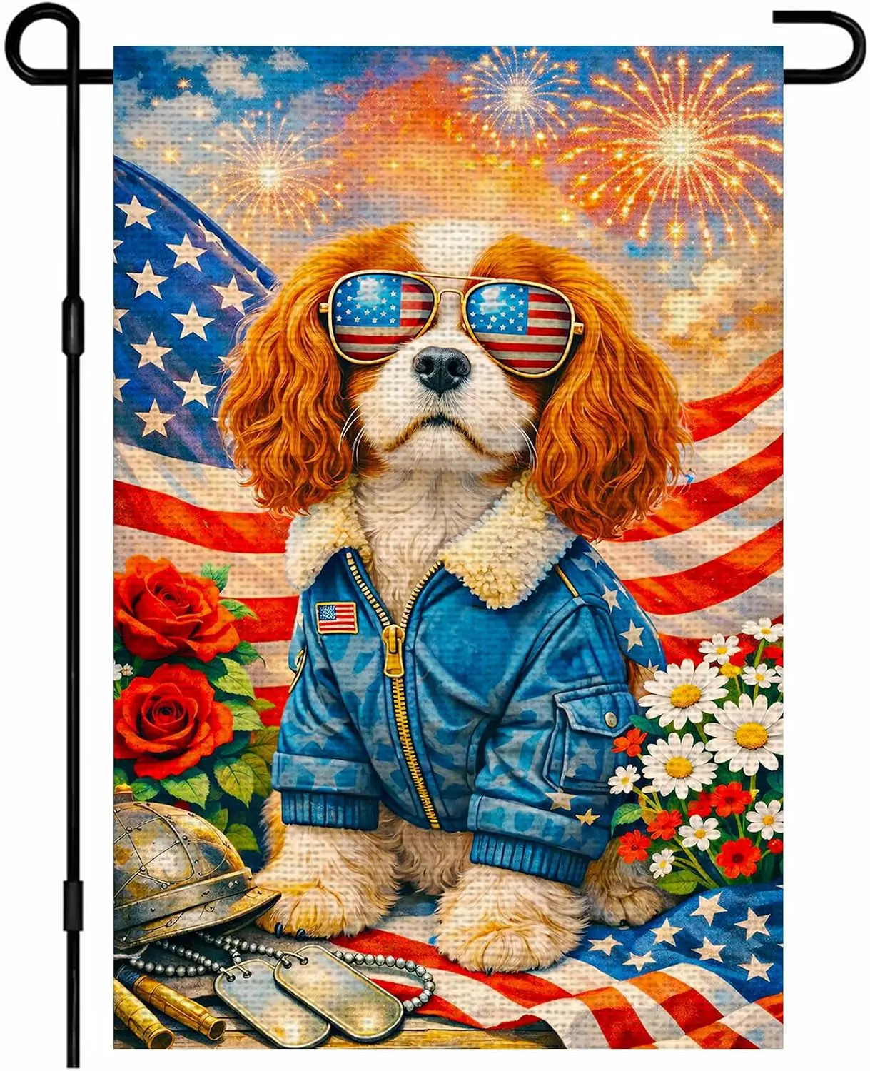Patriotic Spaniel Garden Flag 12x18 Inch Double Sided Yard Decor | Burlap Veterans Day garden flags for outside American Fla uui