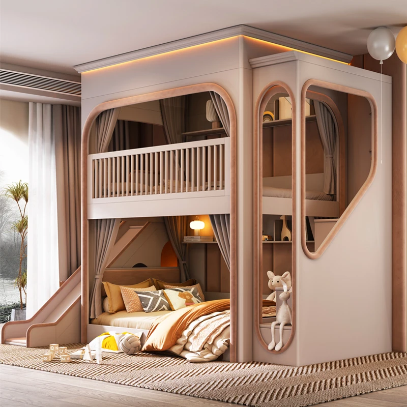 Upper and lower bunk beds Small apartment children's bed High and low child and mother slide Space capsule Roof bed