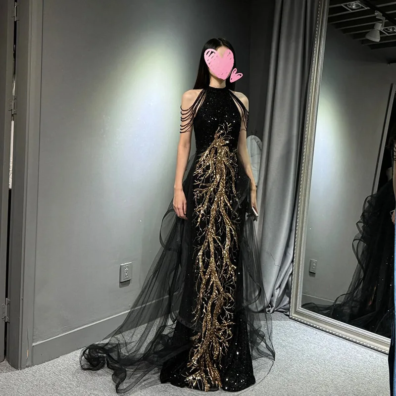 Customized Black Temperament Banquet Evening Dress Slim Waist Sleeveless Deisgn Hang Neck Wedding Party Robe Fishtai Trailingl D