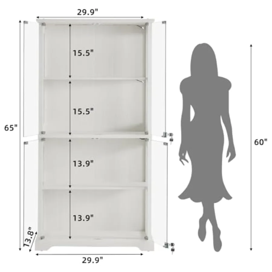 Farmhouse Glass Display Cabinet with Lock for living room, tempered glass and wood, white, secure locking mechanism view 3
