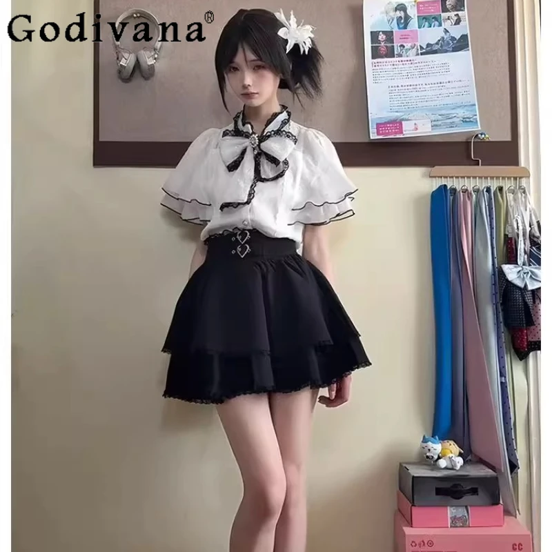

Summer Japanese Retro Bow Outfits Short Sleeve Top High Waist Skirt Set for Women Lolita Style Sweet Cute Skirt Suits Female