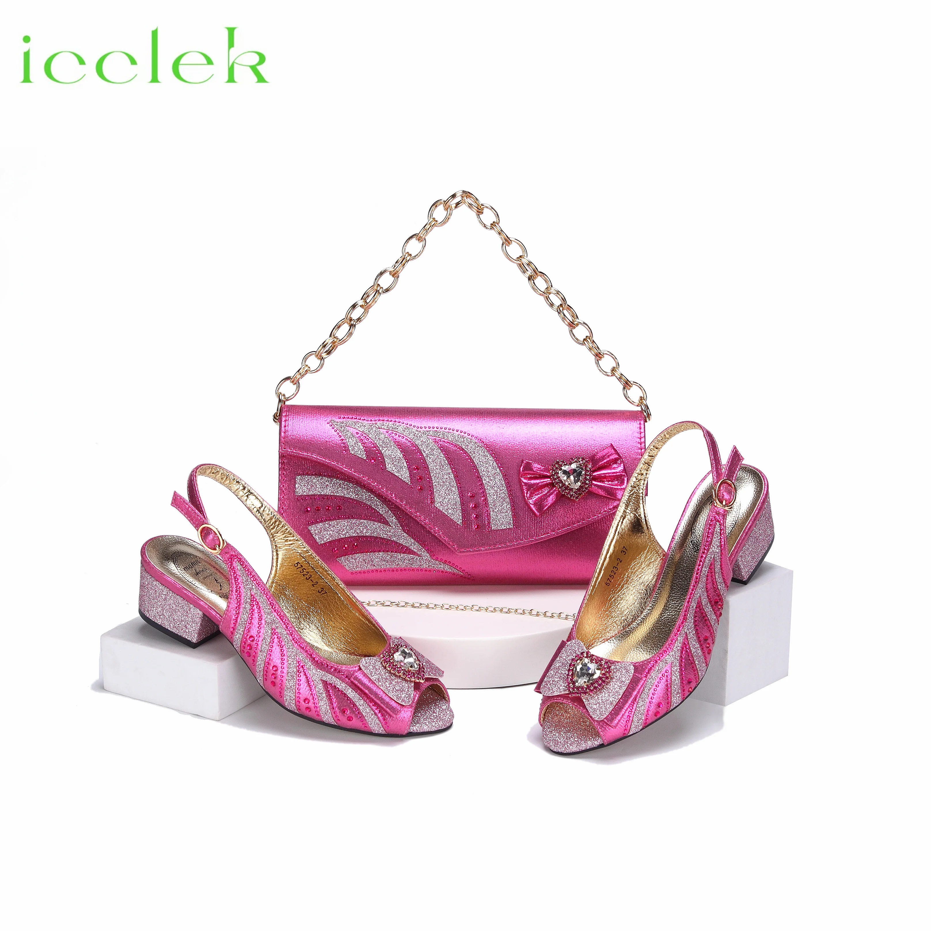 2024 New Arrival Elegant Style Fuchsia Color Low Heels Nigeria Popular Design African Ladies Shoes And Bag Set