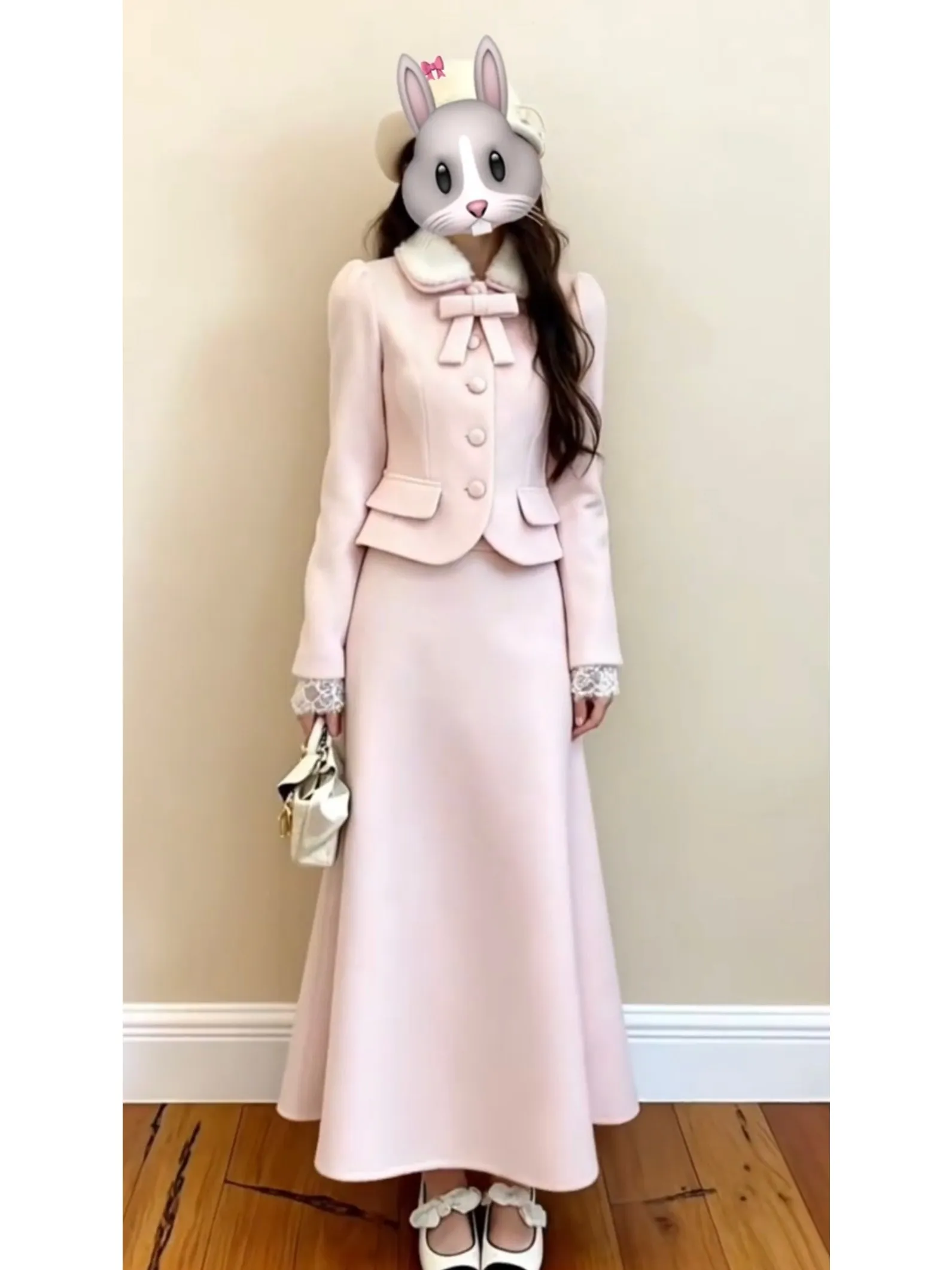 

Pink Woolen Coat with Fur Collar And A-Line Skirt Set Women's Autumn Fashion Two-Piece Suit High Waist Knot