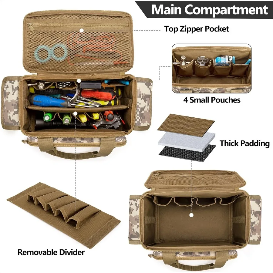 حقيبة أدوات صغيرة مع منظم تخزين أدوات سفلي مبطن سميك مضاد للاحتكاك للرجال، حقيبة تكتيكية متعددة الوظائف