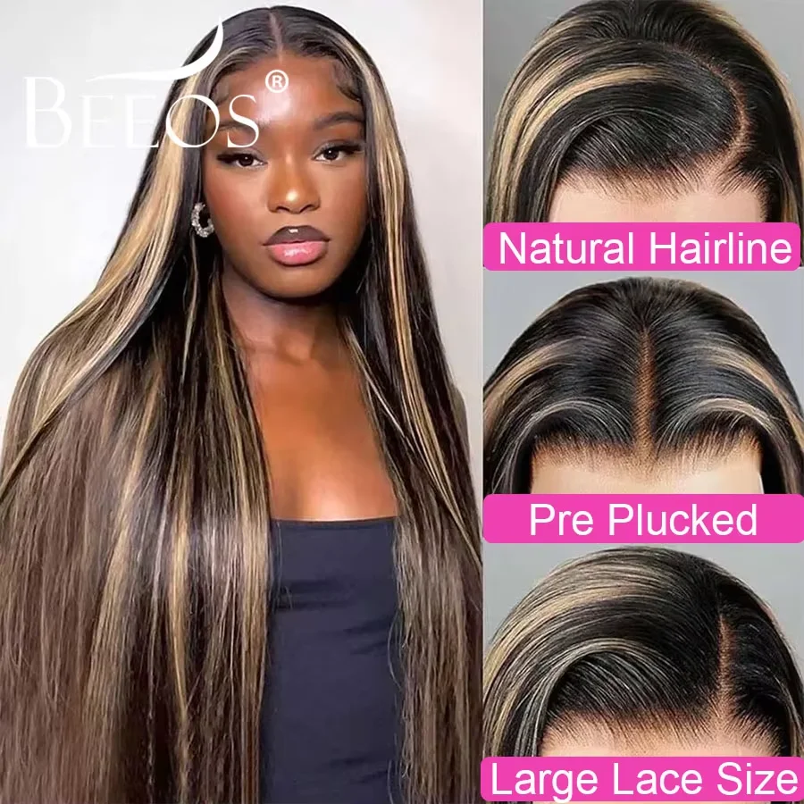 Oreo Highlight # Wig Rambut Asli 1b/27 13x6 HD Transparent Lace Frontal, Warna Bone Straight, Sudah Pre Plucked dan Bleached Knots, Untuk Wanita