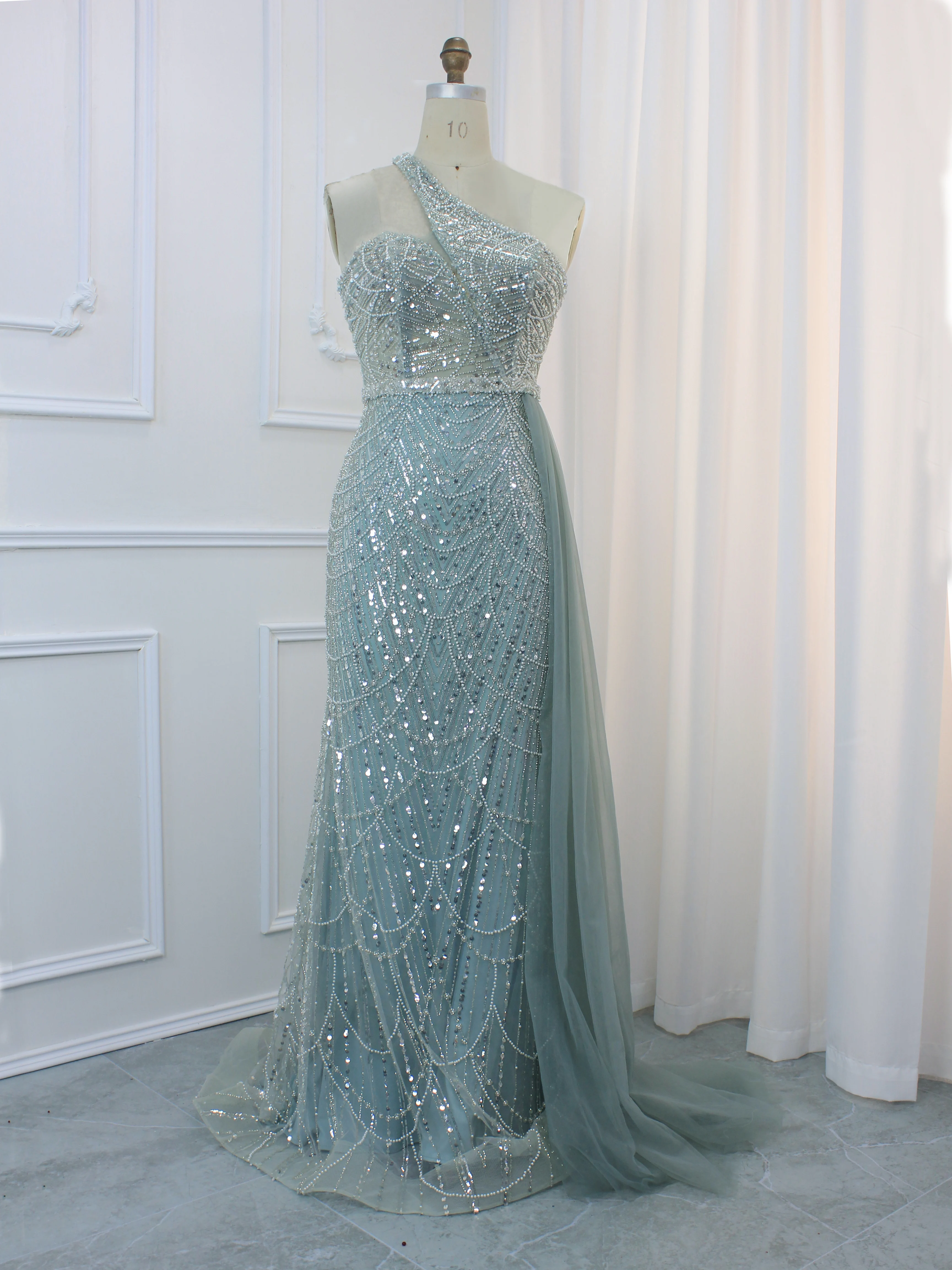 

Hot Sale Dubai Turquoise One Shoulder Bridesmaid Dress Luxury Beaded Sleeveless Formal Gowns 2024 For Wedding Party