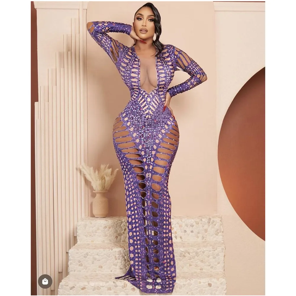 

Sexy Hollow Mesh Printed Water Diamond Tight Long Dress