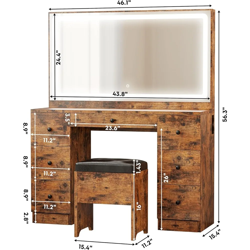 Vanity Desk Set With Large LED Lighted Mirror & Power Outlet Wooden Chest of Drawers for Bedroom Hairstyle Make Up Table Drawer