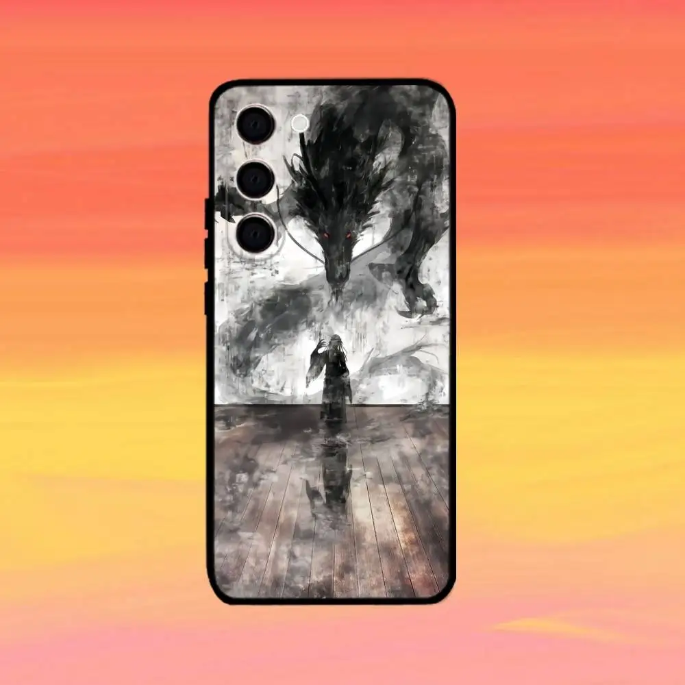 التنين نمط الحبر فرشاة اللوحة حالة الهاتف لسامسونج غالاكسي A73، A72، A71، A70، A53، A52، A51، أخرى غطاء أسود ناعم #4