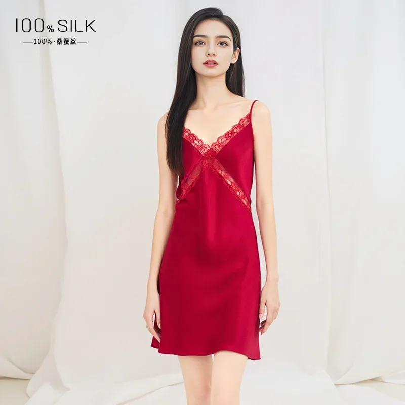 Summer Silk Sexy Red Nightdress Pyjamas Women 100% Mulberry Silk Short Dress Sleepwear Nighty Backless Bridal Nightgown Lingerie