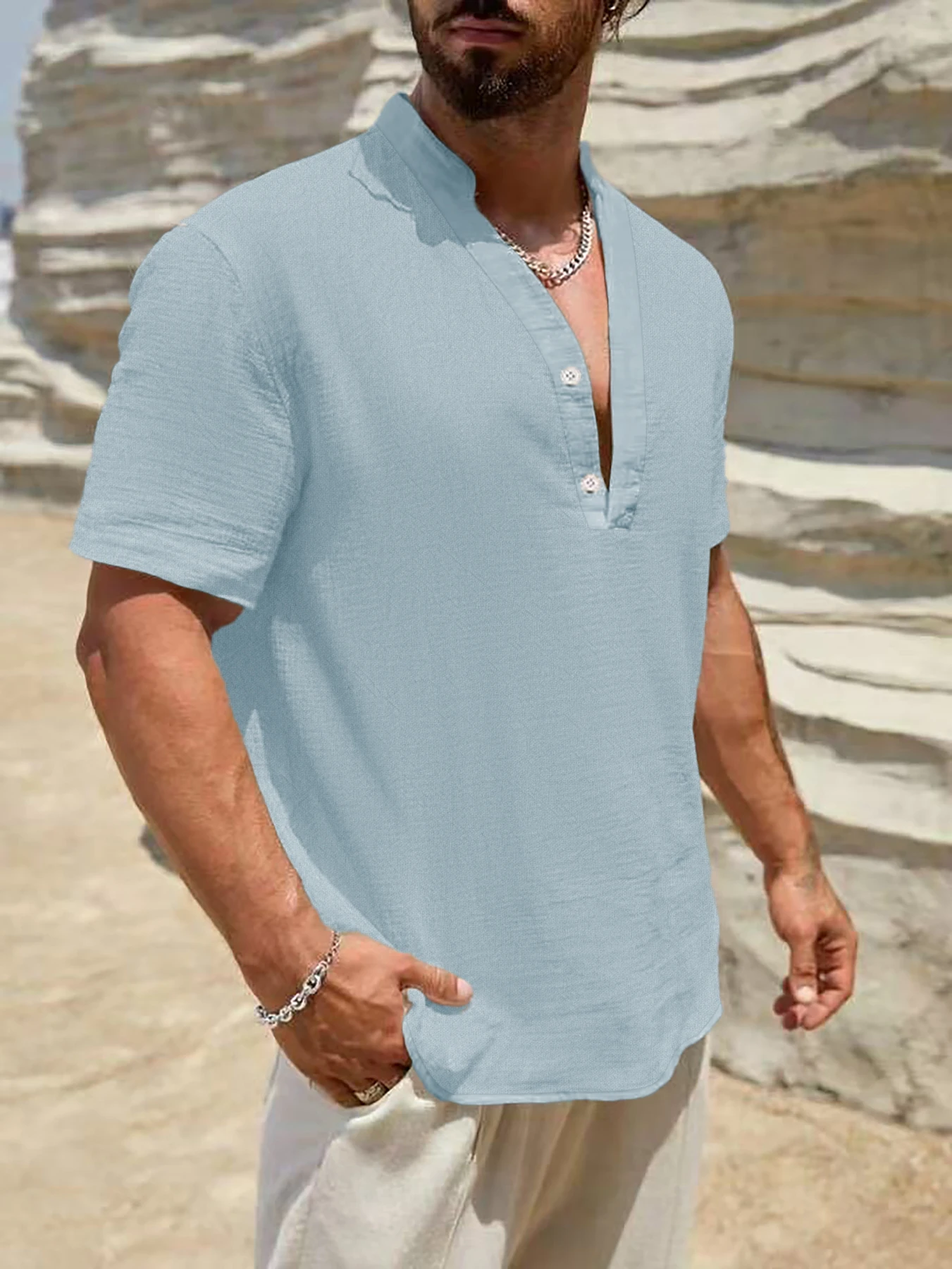 Men's standing collar Henry shirt Retro cotton and linen casual shirt Breathable short sleeved top Hot sale Men's wear