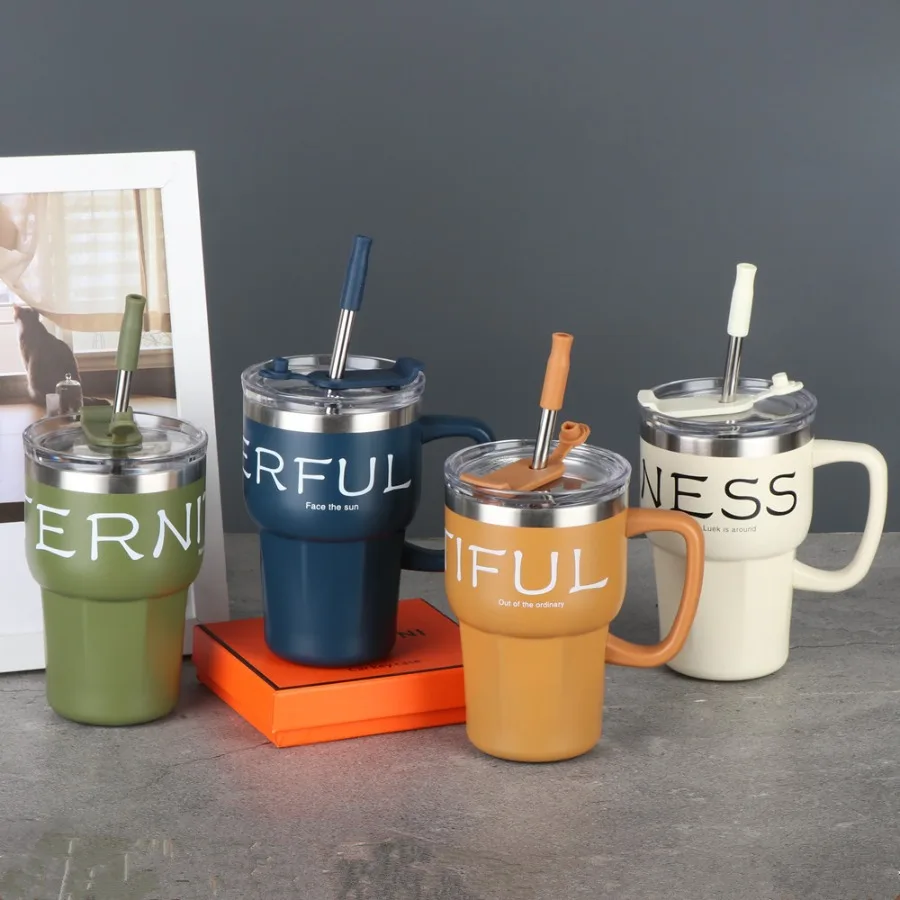 

Large-capacity retro insulation cup stainless steel simple high-color double-drinking coffee cup straw handle office cups