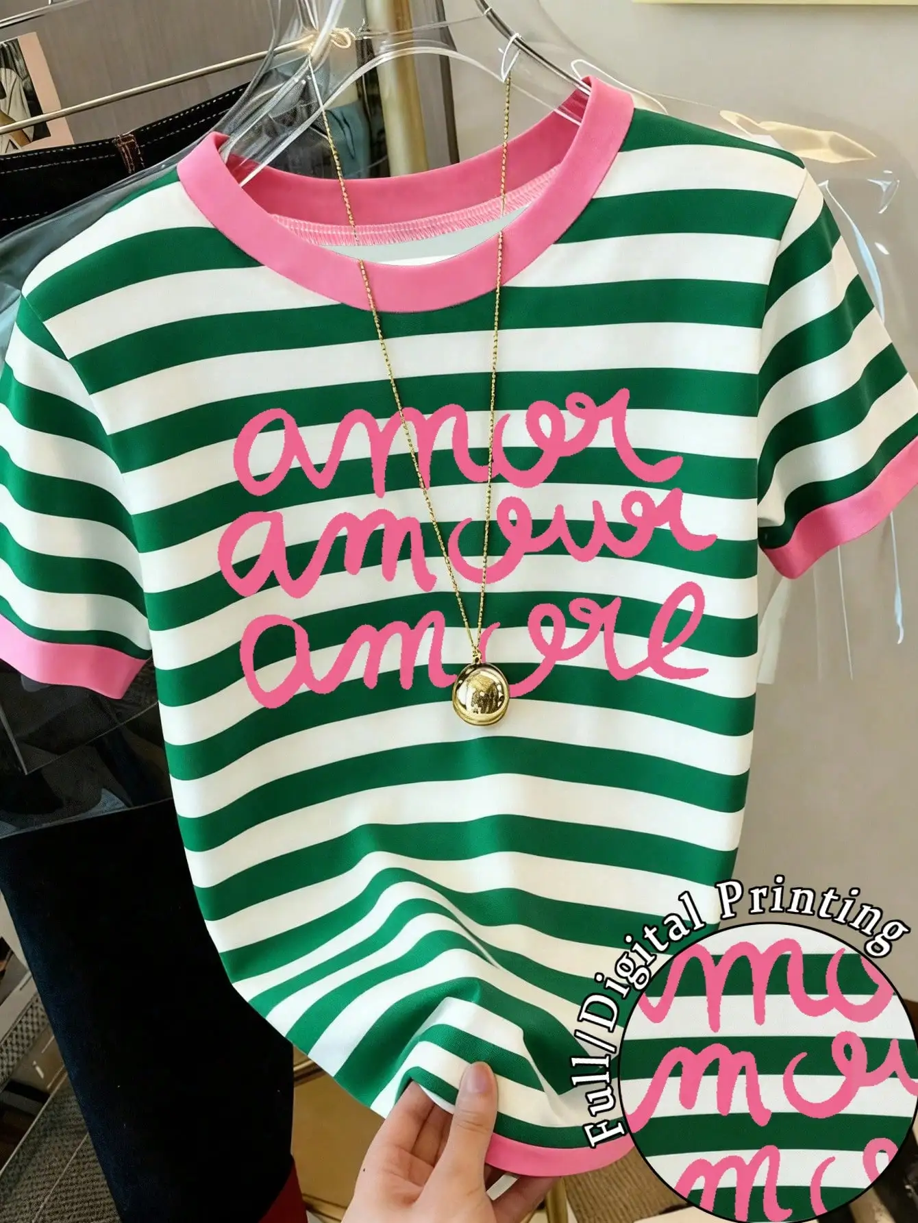 2026 Women Ringer T‑Shirt Pink Trim O‑Neck Short Sleeve Tee Green White Stripe Cursive Letter Print Slim Fit Summer Casual Top