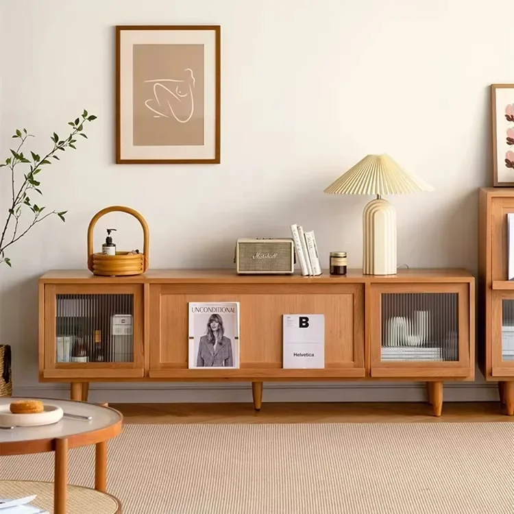 Solid wood TV cabinet coffee table combination Nordic style cherry wood log rattan furniture small apartment modern and simple 2