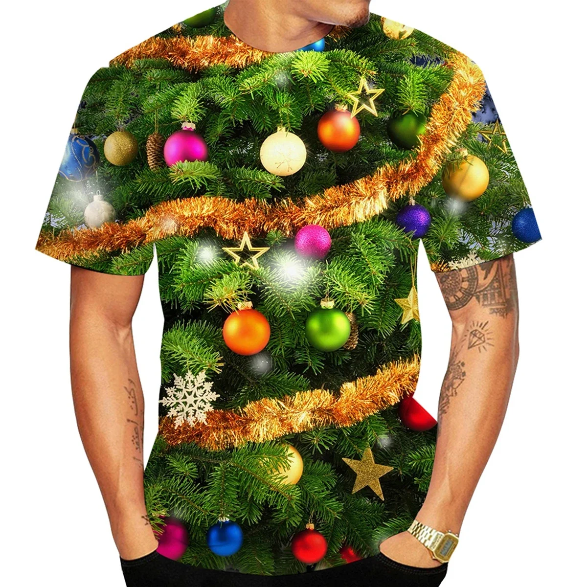 تي شيرت عيد الميلاد: طباعة شجرة متوهجة ثلاثية الأبعاد مع تأثيرات خاصة |   منتج الموضة الافتتاحية للاحتفالات الصيفية