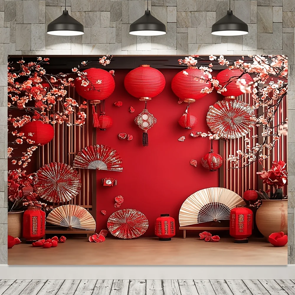 VIKAMA الاحتفال بالعام الجديد نسيج أحمر البرقوق فانوس غرفة المعيشة حائط الخلفية مهرجان الربيع غرفة الديكور