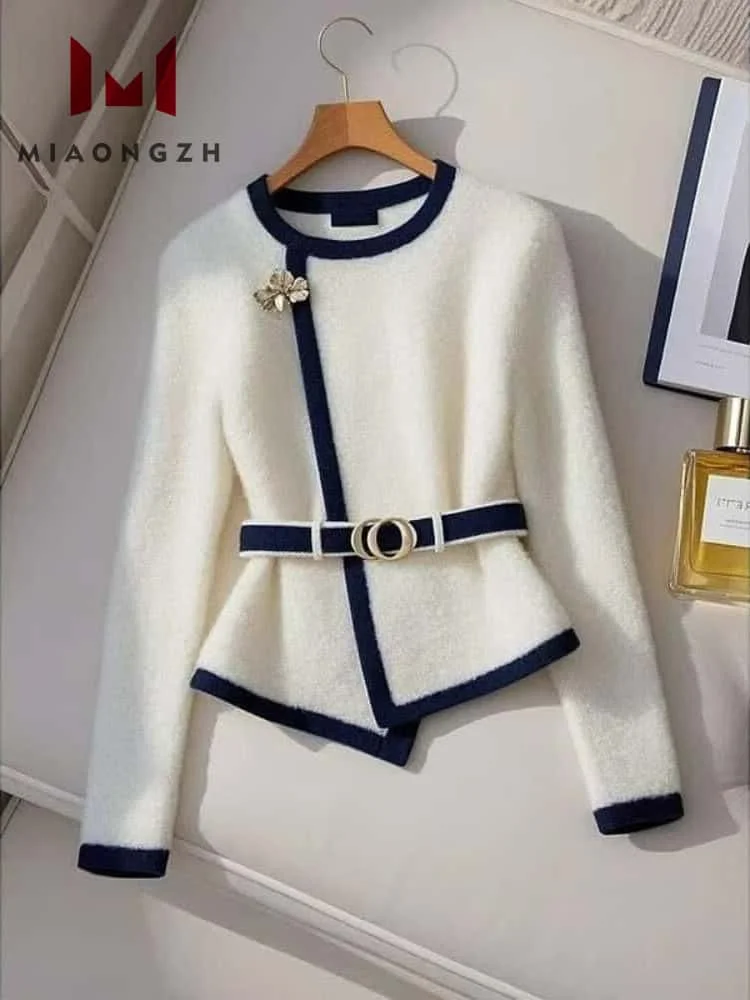 2024 Autumn New Contrast Color Knitted Sweaters Cardigan Women\'s Round Neck Long Sleeve Tops Ladies Fashion Vintage Tops Coats