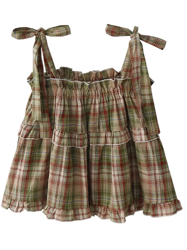Y2K Japanese Retro Vest Women Summer Sweet Spicy Black Fungus Edge Tie Green Checkered Camisole Top Style