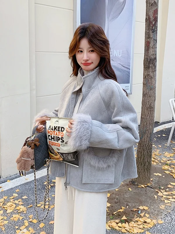   Lamsvachtjas voor dames, gevoerd met leer en bont, herfst-winter nieuw model, maat S...