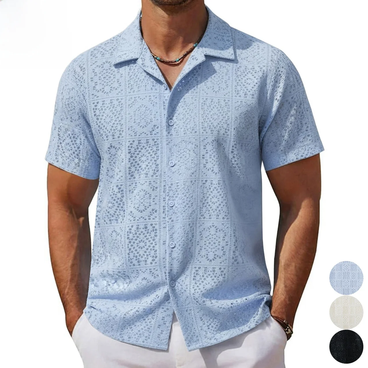 Men's Casual Hollow Lace Short-Sleeved Shirt Wide Fit Fleece Lined Thickened  Collar Nine-Quarter Sleeve Autumn Fashion