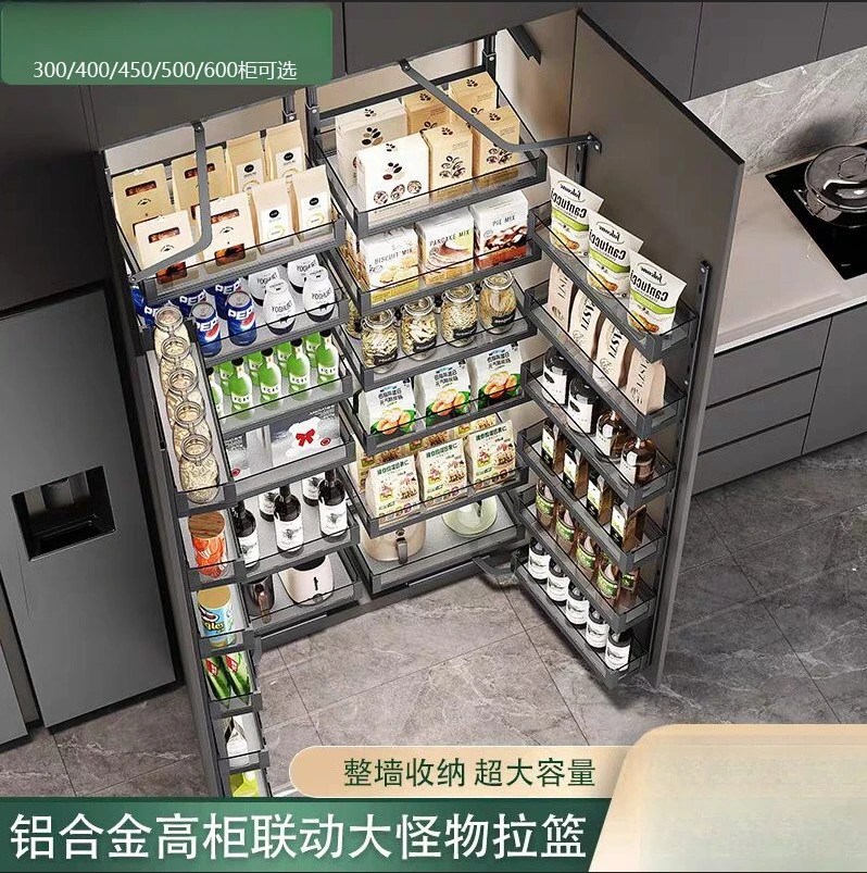 

High cabinet pull basket kitchen cabinet built-in door type multi-layer storage snack cabinet linkage pull basket