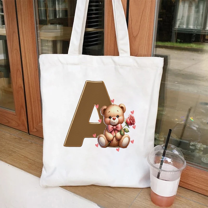 Women's Bacherlette Party Handbags Kawaii Bear Flower 26 Alphabet Tote Bags Shopping Bag Canvas Girls Tote Bags Shoulder Bag