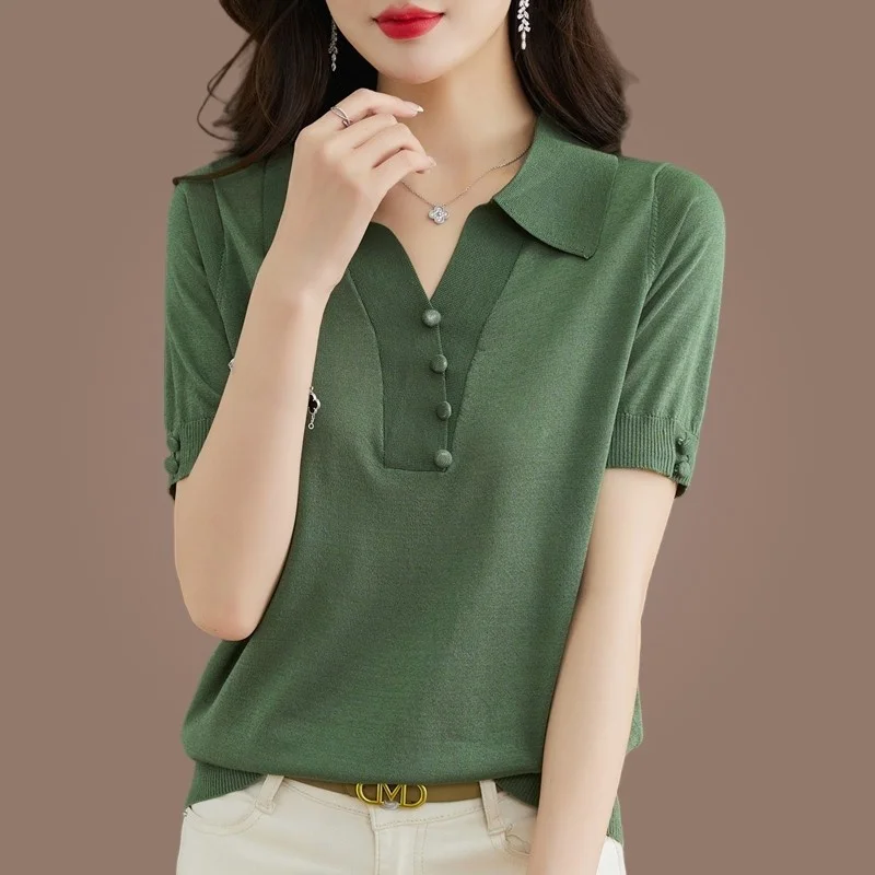 

Summer Knitted Ice Silk Loose Short Sleeve T-Shirt Women's Fashionable Slimming Flip Collar Top British Style Commute Wind