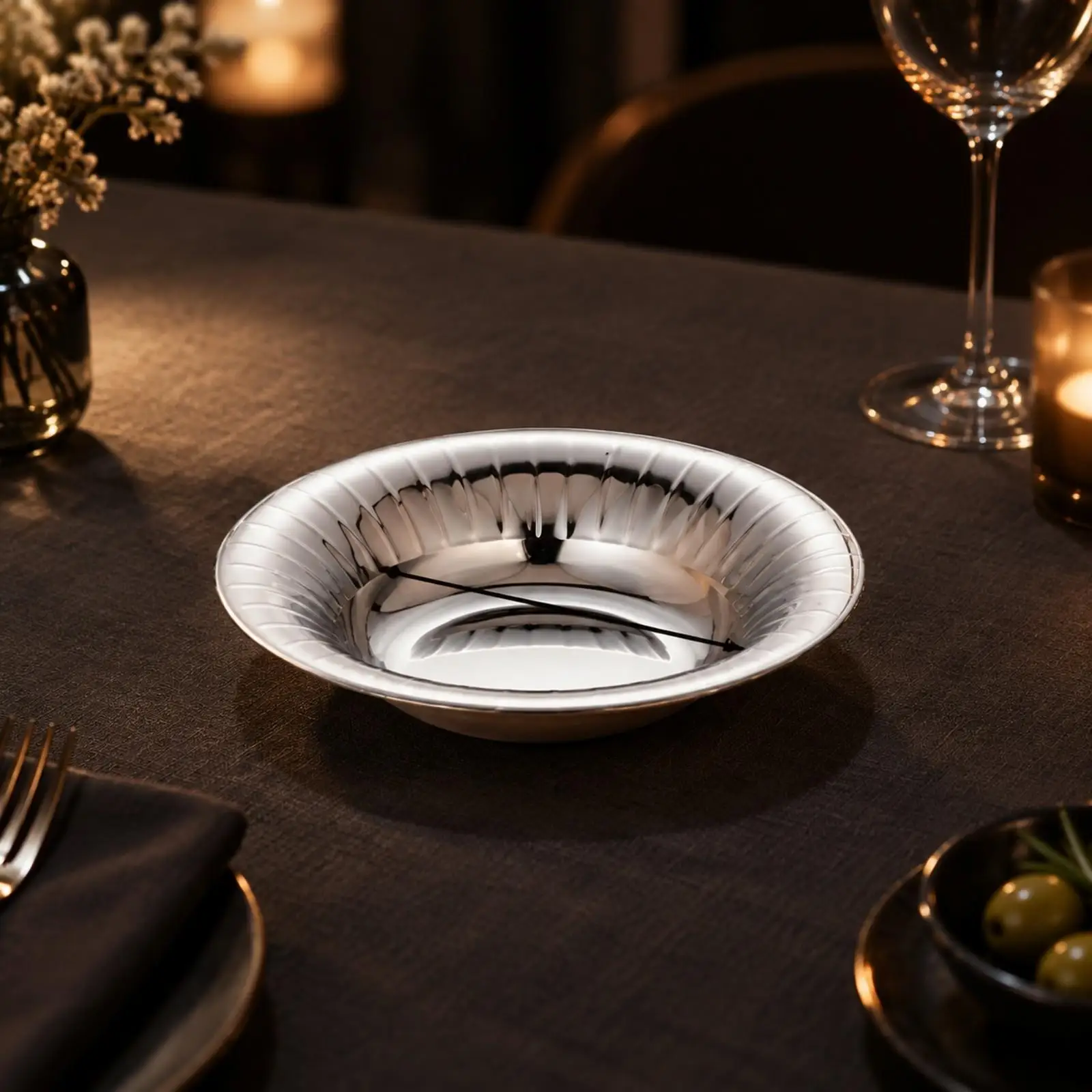 Stainless Steel Serving Plate Reflective Serving Plate with Fluted Rim Polished Stainless Steel Platter Silver
