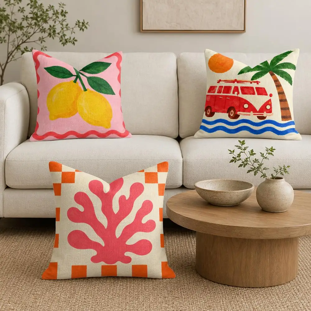 Dopamine Coastal Cushion Cover Linen Double-Sided Printed Pillow Case for Sofa Couch Bedroom Living Room