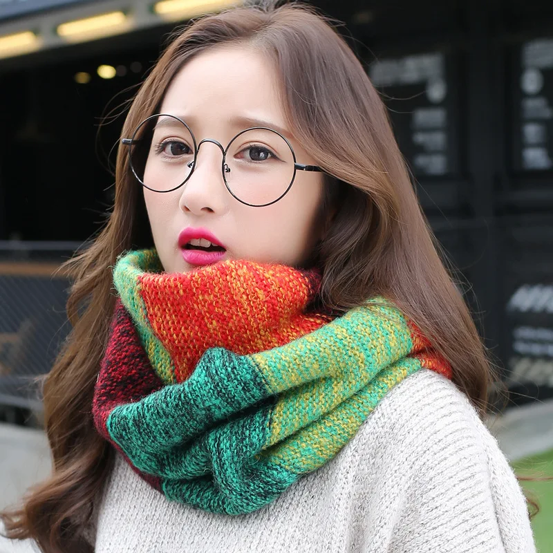 Rainbow Knitted Infinity Scarves for Women Winter Ring Scarf Warm Neckerchief Loop Shawl Circle Snood Neck Guard Foulard