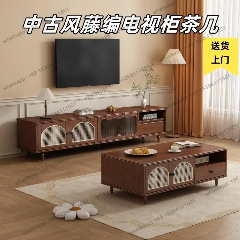 Medieval rattan solid wood coffee table new small apartment living room home