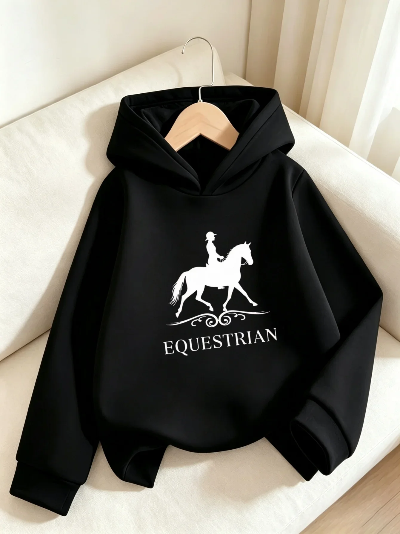 Kids Equestrian Horse Riding Graphic Printed Hoodie Black Horse Lover Sweatshirt Loose Autumn Winter Active Streetwear Top