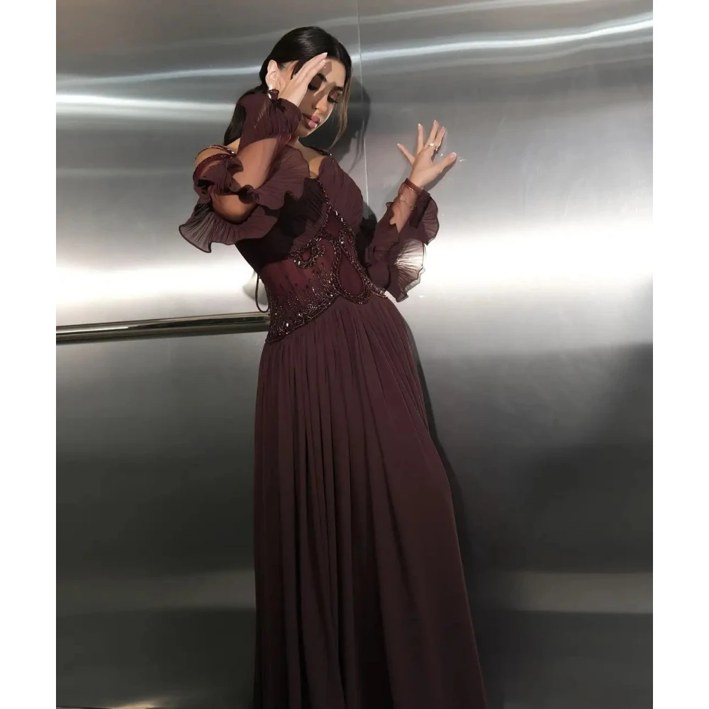 

Vintage Evening Dresses Off Shoulder V-Neck Long Sleeves A Line Chiffon Evening Gowns Floor Length Formal Party Dress Customized