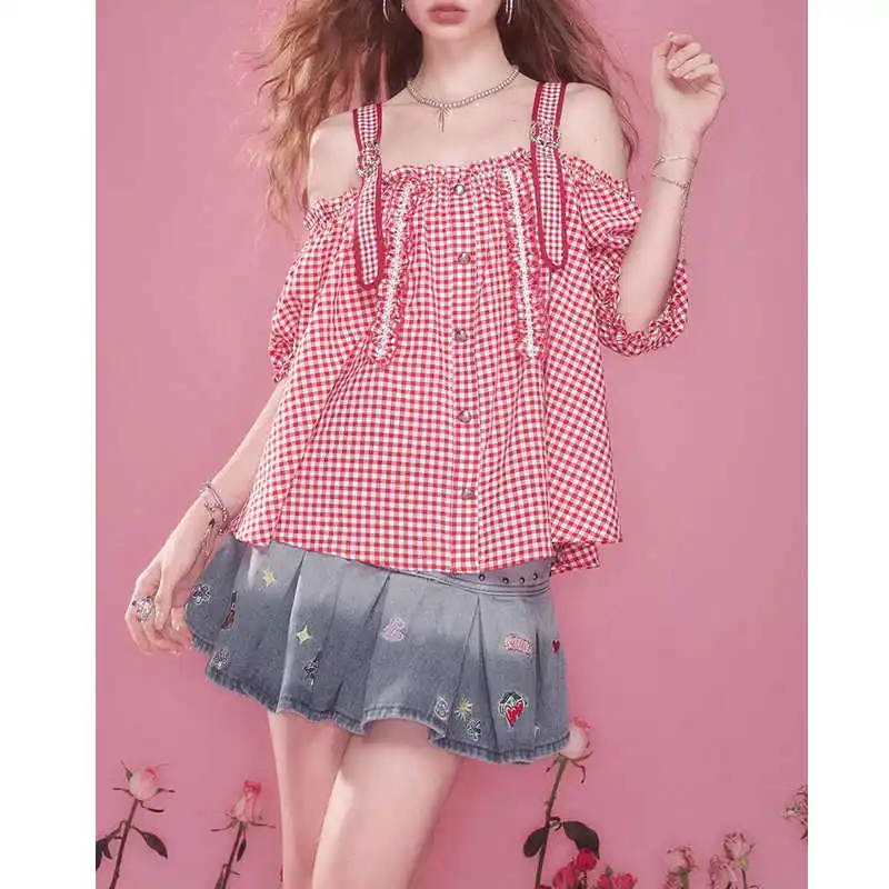 

Женская шифоновая блузка Y2K с одним открытым плечом и кружевной отделкой в клетку, летняя новинка 2026 года, модный топ в стиле High Street